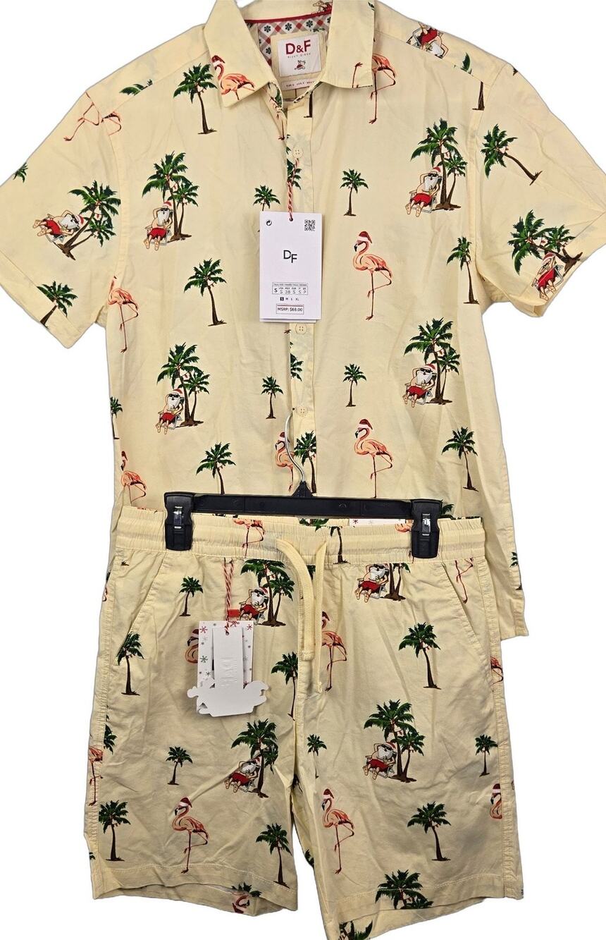 D&F Men 2 Piece Set Small Beige Tropical Christmas Santa Flamingo Shirt Shorts